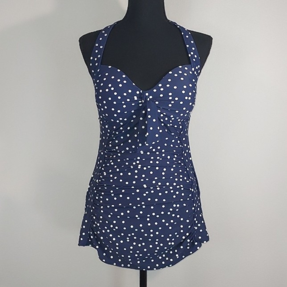 Merona Navy Blue White Polka Dot Halter Top One-Piece Swimsuit Size Medium